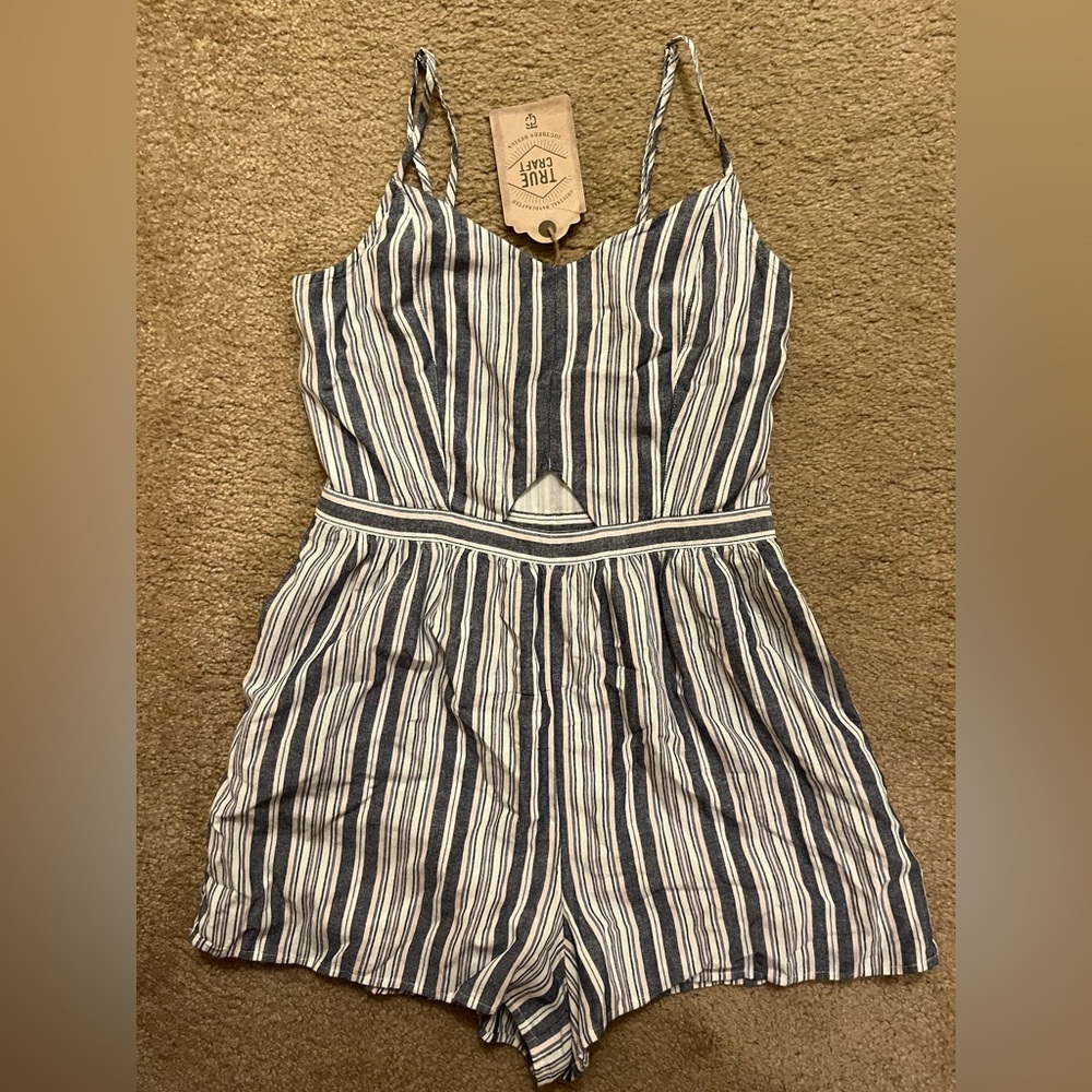 New with tags True Craft romper, medium, stripes